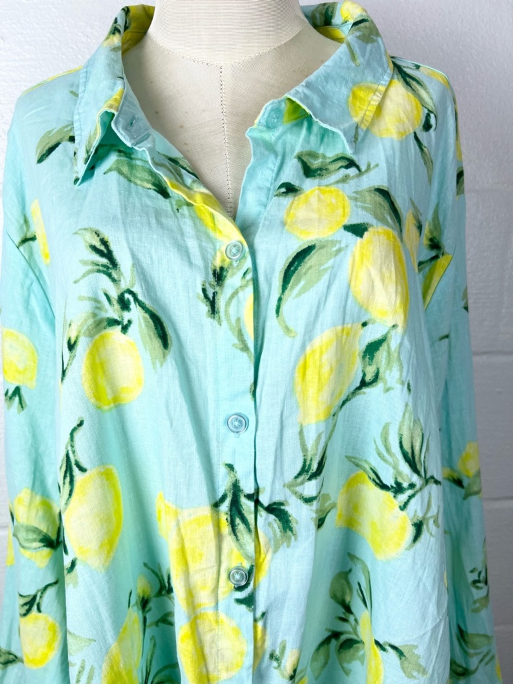 Belle Kim Gravel size 4X Aqua Yellow Lemon Linen Blend Long Sleeve Button Up Top - Picture 3 of 8